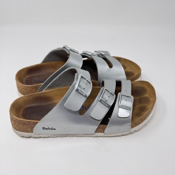 Betula by Birkenstock Leo Silver Triple Buckle Sandals Size 39 (US 8-8.5) - Picture 1 of 11